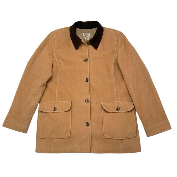 LL Bean Barn Coat Women XL Tan Wool Blend Chore Field Cargo Pockets Button Front - Picture 1 of 13